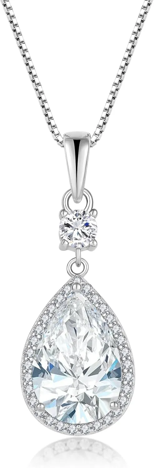Teardrop Birthstone Necklace for Women 925 Sterling Silver 5A Cubic Zircon Pear Pendant Jewelry Anniversary Birthday Christmas Gifts for Her