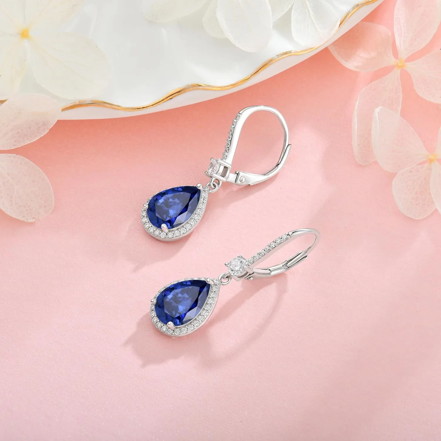 Teardrop Leverback Birthstone Earrings for Women 925 Sterling Silver 5A Cubic Zircon Dangle Drop Earrings Jewelry Anniversary Mother's Day Birthday Christmas Gifts for Wife Her