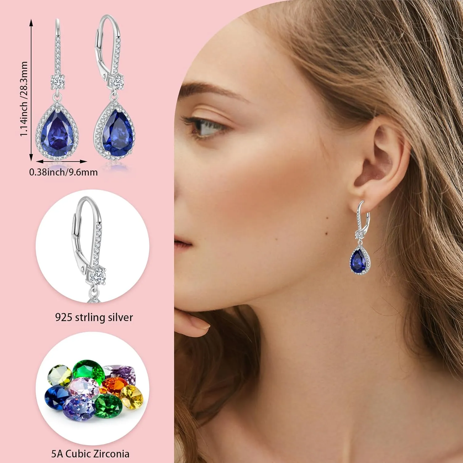 Teardrop Leverback Birthstone Earrings for Women 925 Sterling Silver 5A Cubic Zircon Dangle Drop Earrings Jewelry Anniversary Mother's Day Birthday Christmas Gifts for Wife Her
