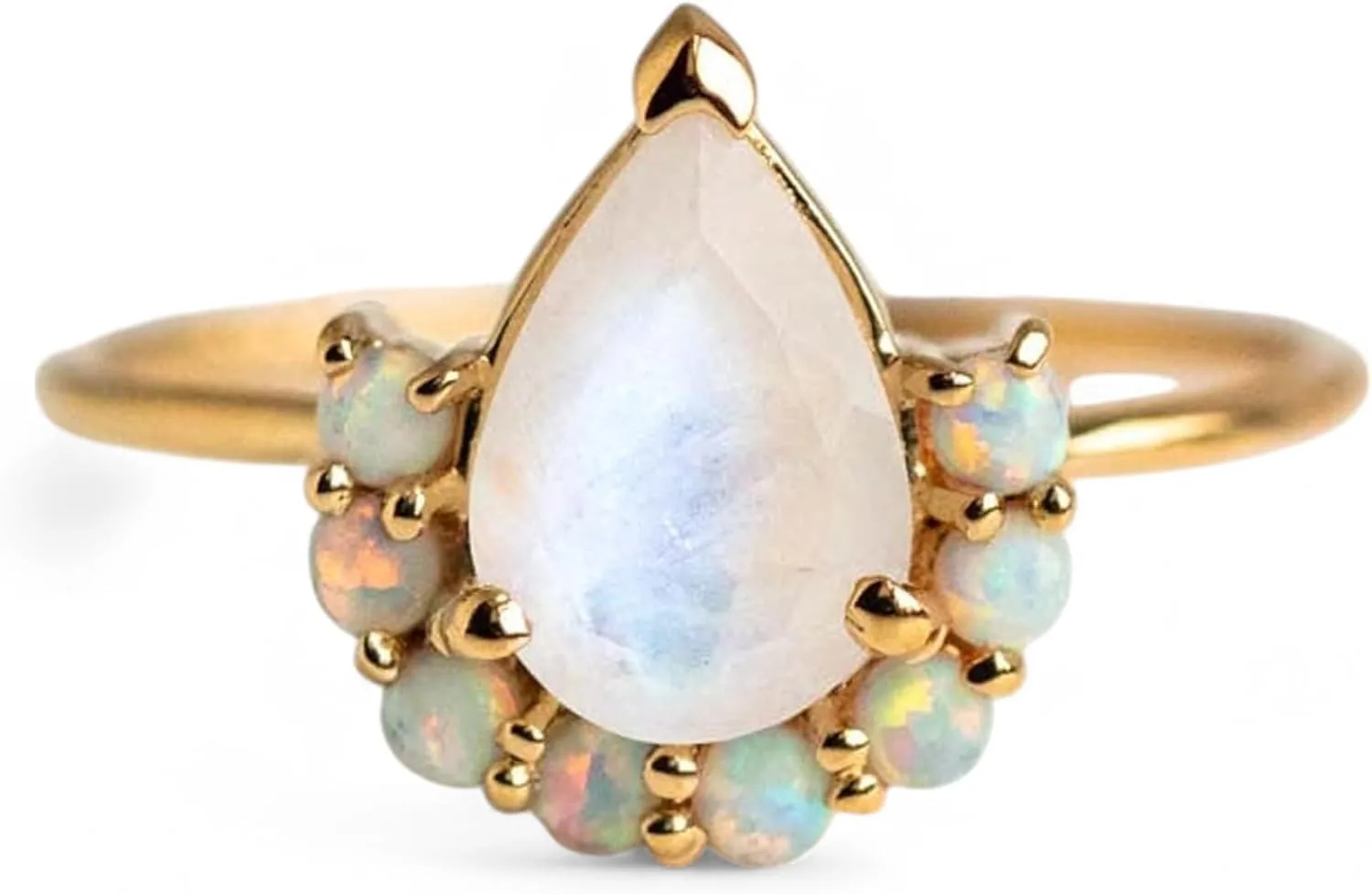 Teardrop Natural Moonstone Anniversary Ring Delicate Prong Set For Women Round Opal Stacking Engagement Ring 14k Yellow Gold Bridal Statement Ring Delightfull Birthday Gift For Mother BY ZENITHCRAFTSS