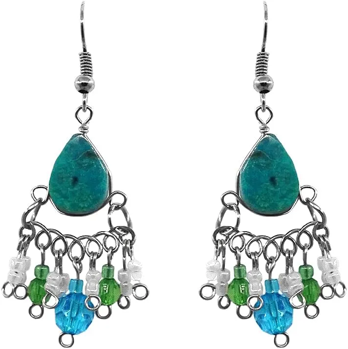 Teardrop Stone Cabochon Multicolored Crystal Beaded Metal Dangle Earrings - Womens Fashion Handmade Jewelry Boho Accessories