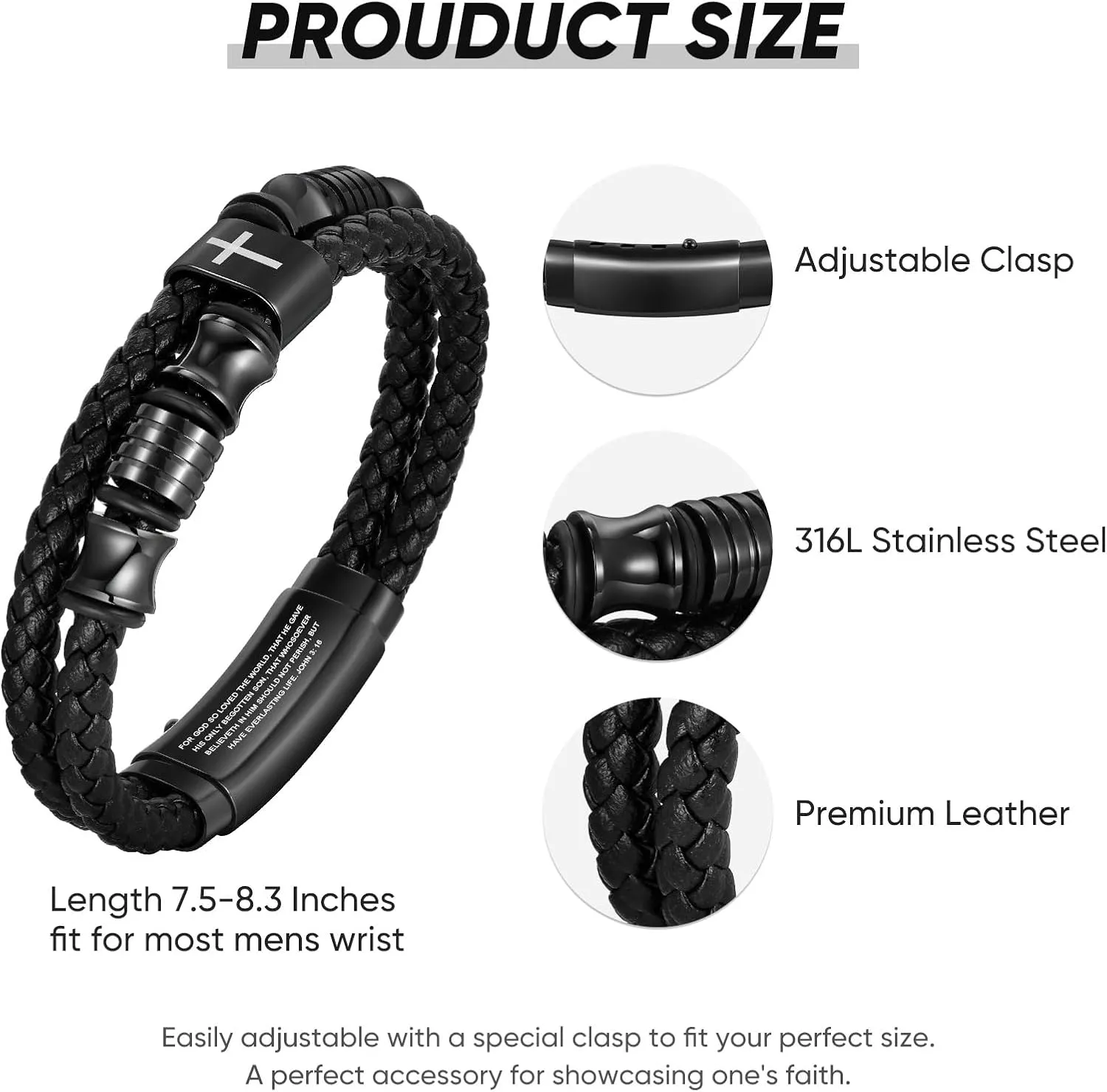 TempBeau Christian Black Leather Bracelet for Men - Double-Row Braided Leather Faith Cross Bracelets for Men Jewelry Gift Religious Baptism Easter Gifts for Young Men Teenage,Adjustable Wristband