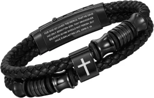 TempBeau Christian Black Leather Bracelet for Men - Double-Row Braided Leather Faith Cross Bracelets for Men Jewelry Gift Religious Baptism Easter Gifts for Young Men Teenage,Adjustable Wristband