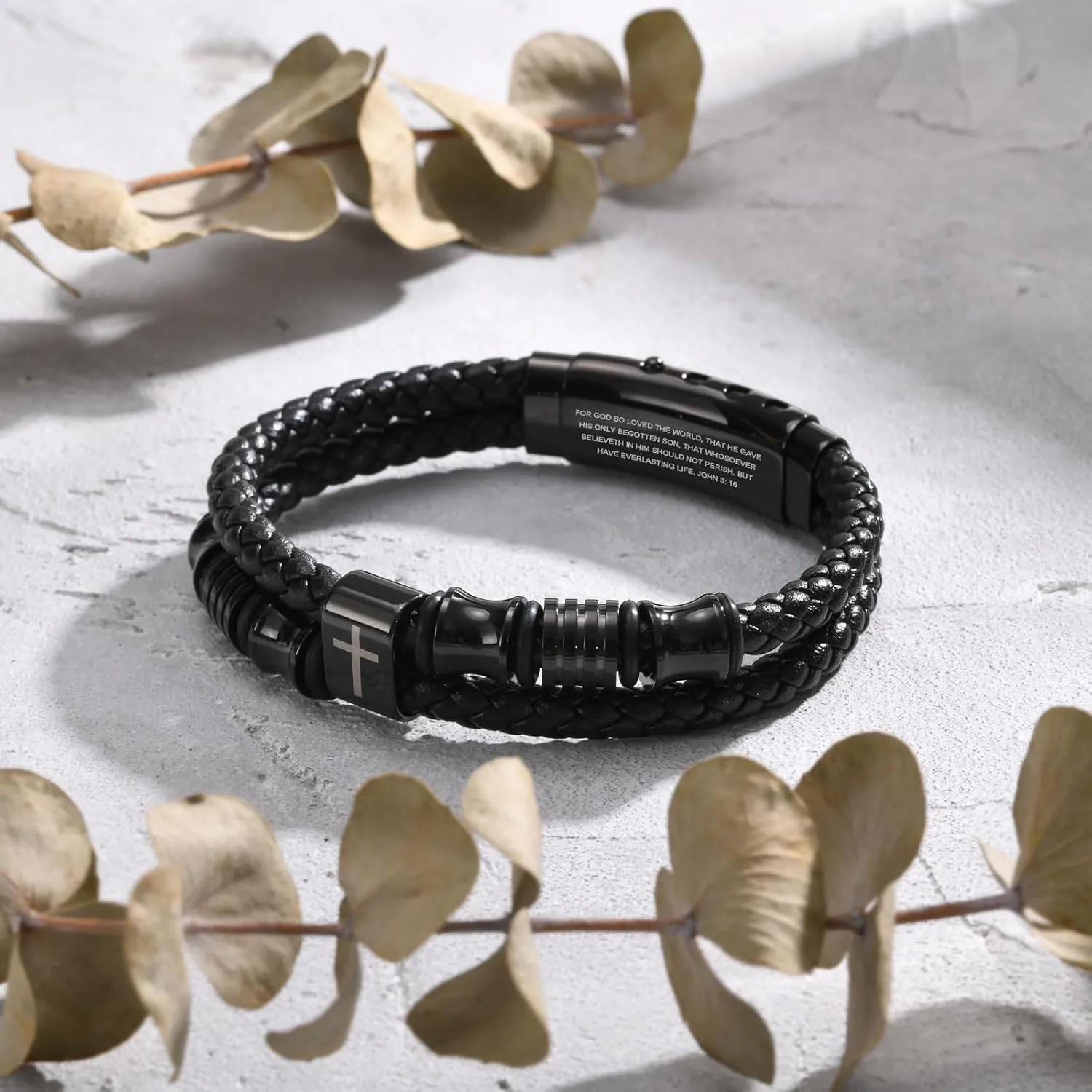 TempBeau Christian Black Leather Bracelet for Men - Double-Row Braided Leather Faith Cross Bracelets for Men Jewelry Gift Religious Baptism Easter Gifts for Young Men Teenage,Adjustable Wristband