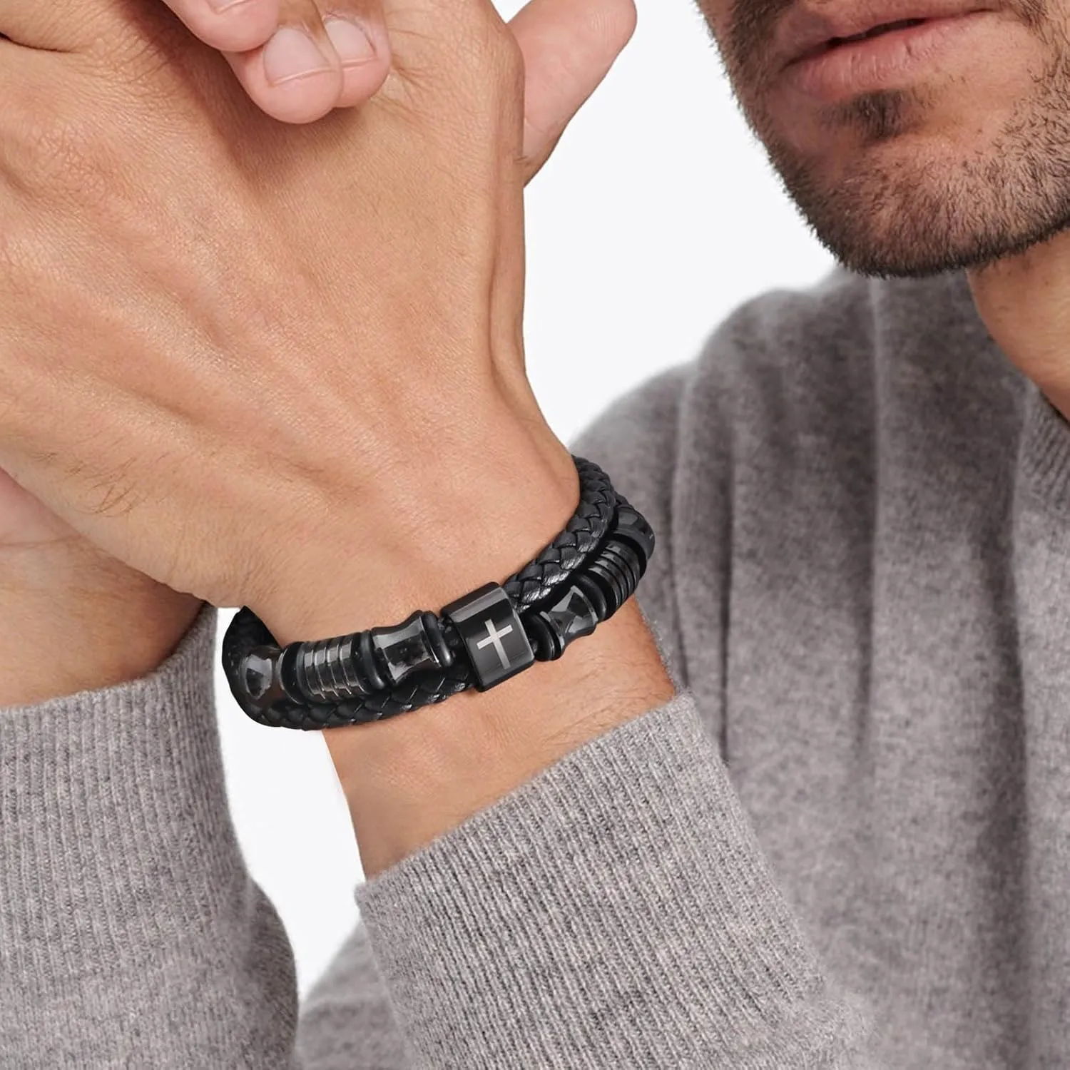 TempBeau Christian Black Leather Bracelet for Men - Double-Row Braided Leather Faith Cross Bracelets for Men Jewelry Gift Religious Baptism Easter Gifts for Young Men Teenage,Adjustable Wristband