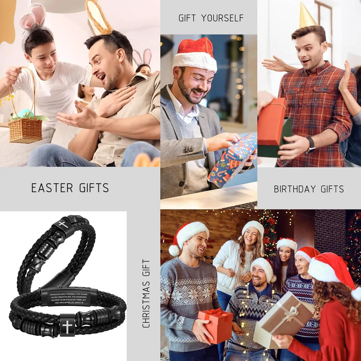 TempBeau Christian Black Leather Bracelet for Men - Double-Row Braided Leather Faith Cross Bracelets for Men Jewelry Gift Religious Baptism Easter Gifts for Young Men Teenage,Adjustable Wristband