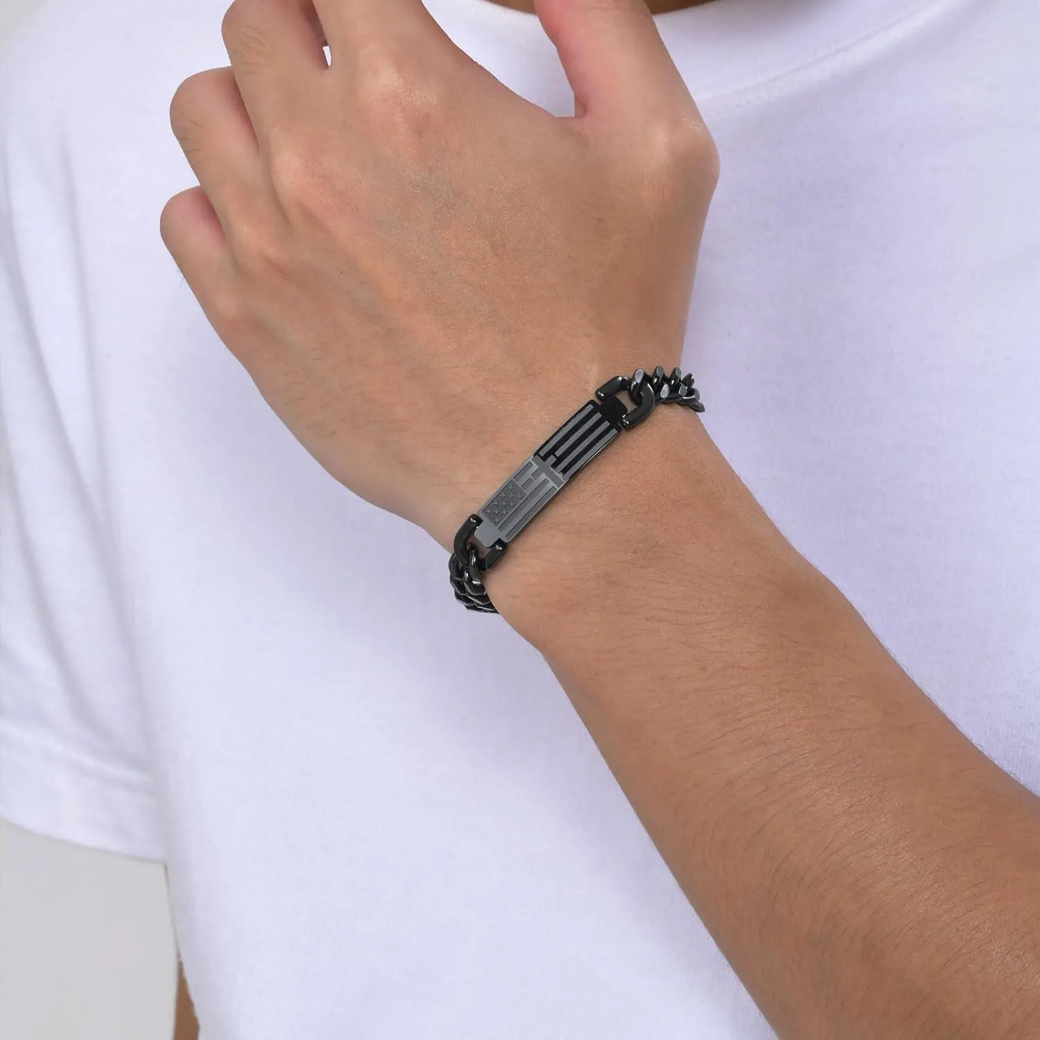 TempBeau Cross Bracelet For Men - Black Bible Verse Stainless Steel Chain Mens American Flag Bracelet Birthday Gift Ideas First Communion Confirmation Baptism Christian Easter Gifts