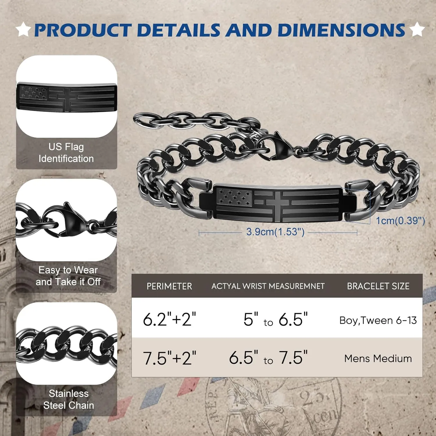 TempBeau Cross Bracelet For Men - Black Bible Verse Stainless Steel Chain Mens American Flag Bracelet Birthday Gift Ideas First Communion Confirmation Baptism Christian Easter Gifts