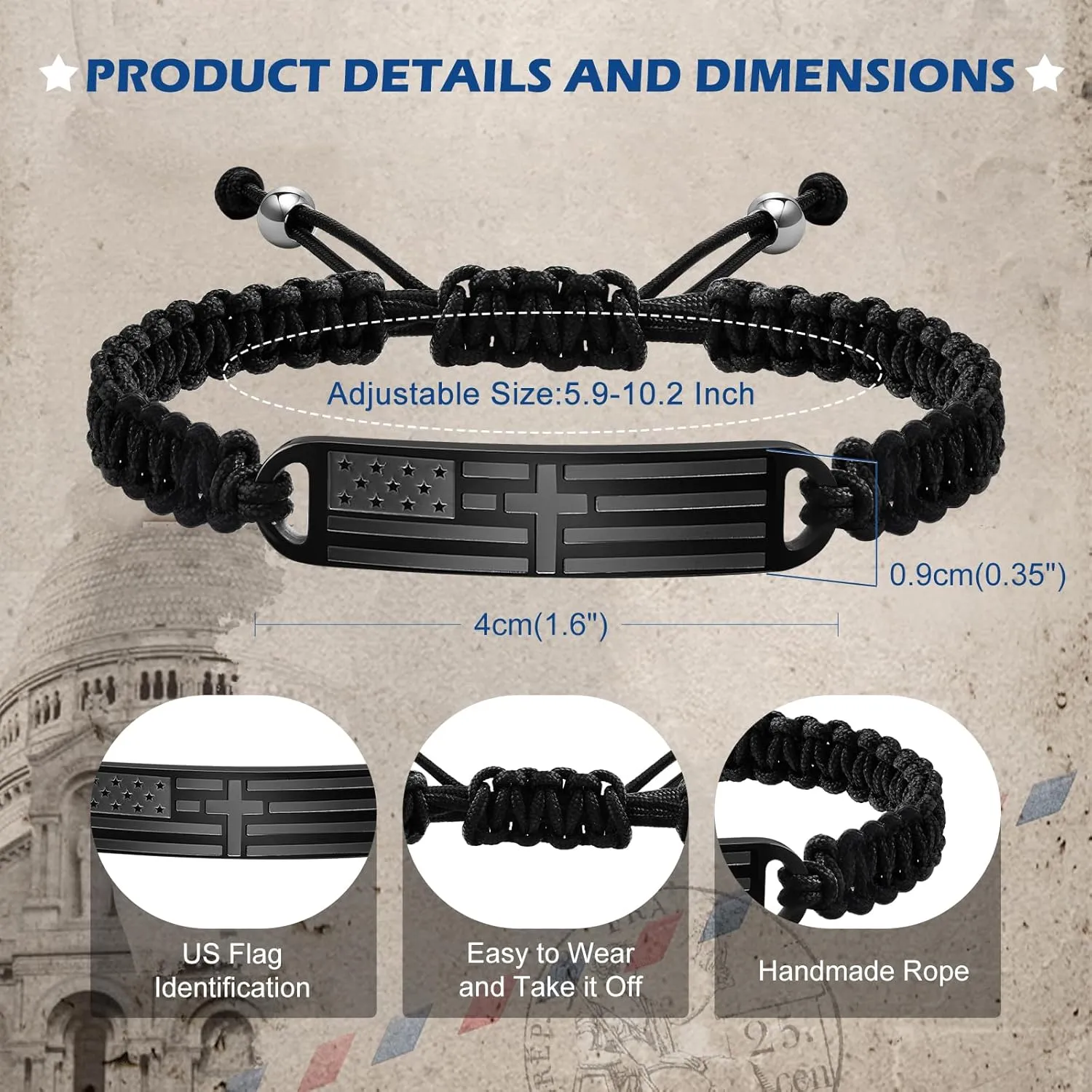 TempBeau Cross Bracelet For Men - Black Bible Verse Stainless Steel Chain Mens American Flag Bracelet Birthday Gift Ideas First Communion Confirmation Baptism Christian Easter Gifts