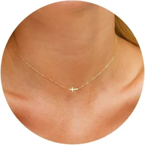 Tewiky Dainty Cross Necklace for Women, 14K Gold Plated Simple Cross Choker Necklaces Small Cross Pendant Tiny Cute Necklaces Handmade Aesthetic Gold Jewelry for Women