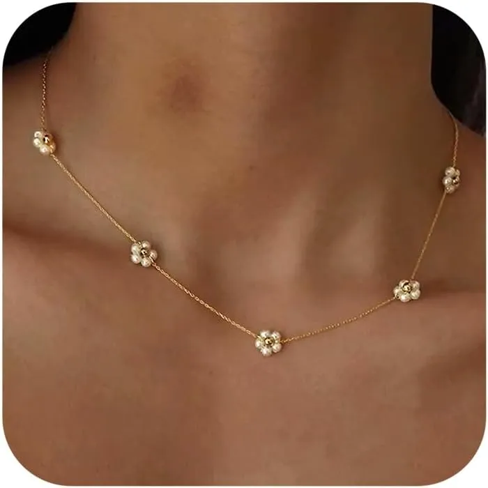Tewiky Pearl Necklaces for Women, Dainty Gold Necklace 14k Gold Plated Single Pearl Necklace Simple Pearl Choker Necklaces for Women Trendy Cute Gold Necklace Jewelry for Women