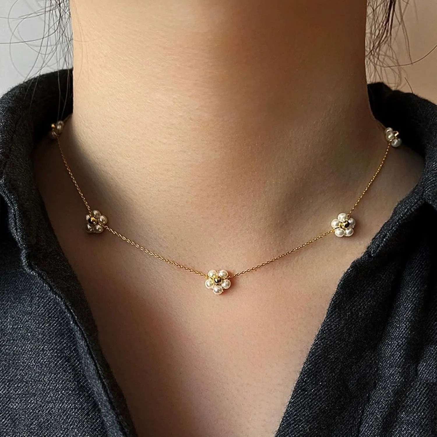Tewiky Pearl Necklaces for Women, Dainty Gold Necklace 14k Gold Plated Single Pearl Necklace Simple Pearl Choker Necklaces for Women Trendy Cute Gold Necklace Jewelry for Women