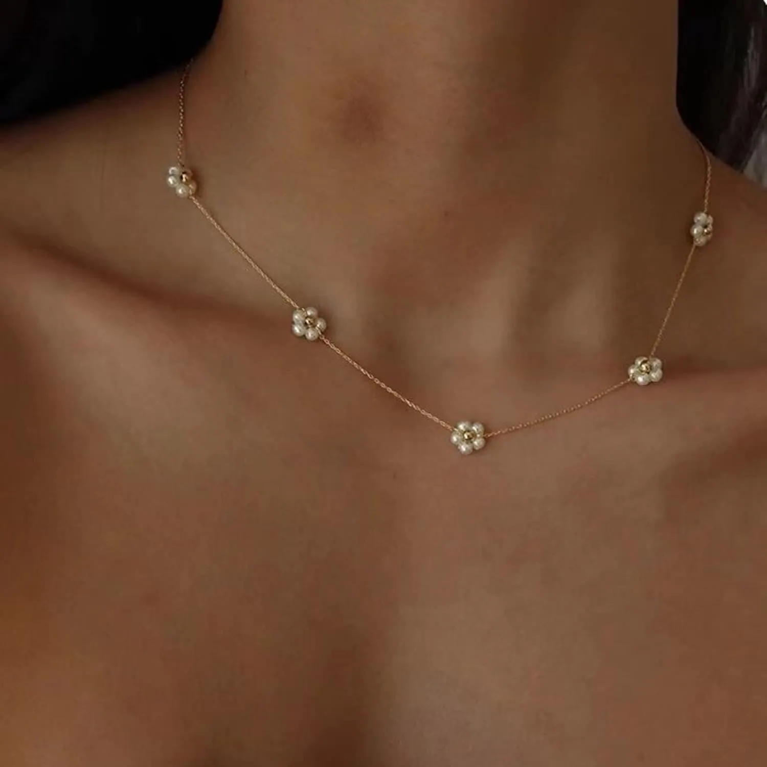 Tewiky Pearl Necklaces for Women, Dainty Gold Necklace 14k Gold Plated Single Pearl Necklace Simple Pearl Choker Necklaces for Women Trendy Cute Gold Necklace Jewelry for Women
