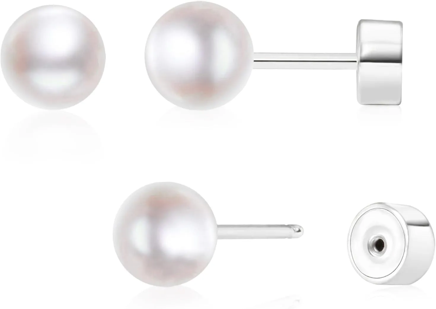 Threadless Flat Back Pearl Earrings, 14K Gold Plated Pearl Stud Earrings Hypoallergenic | Cartilage Earring | Helix Piercing Jewelry | Tragus Piercing Jewelry | Push in Flatback Earrings for Women Men