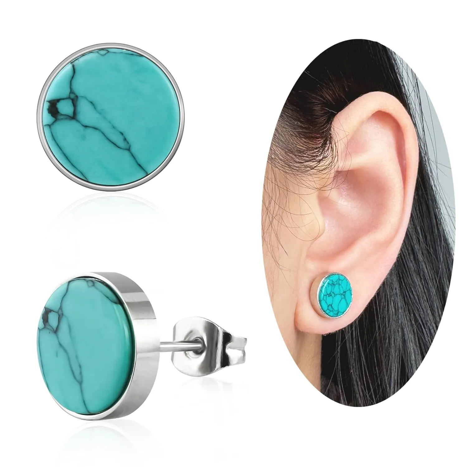 Tibetan Turquoise Earrings 10mm Circular Sterling Silver Post Stud Earrings Gemstone Earring Hypoallergenic Handmade Earrings for Women Trendy Fashion
