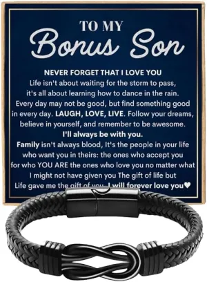 To My Bonus Son Bracelet, Bonus Son Christmas Birthday Gifts Knot Leather Bracelet, Bonus Son Graduation Stepson Inspirational Gifts for Men Morse Code Bracelets Unbiological Son Stainless Steel