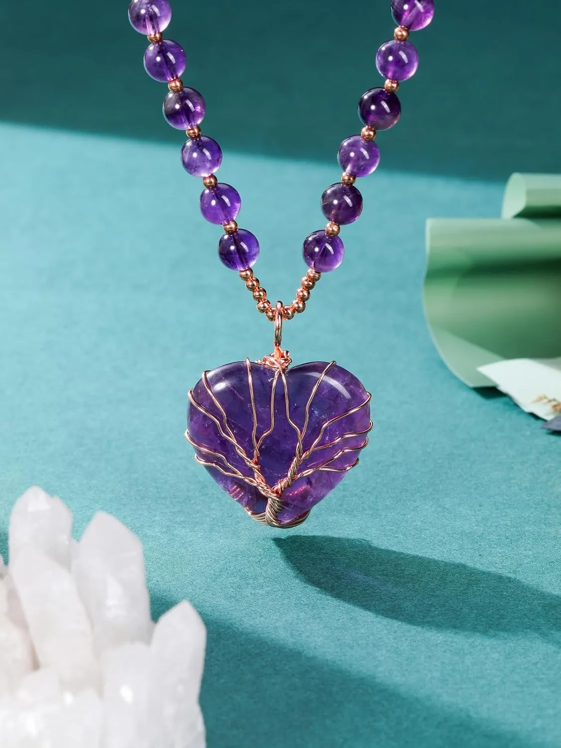 Top Plaza Healing Crystal Amethyst Necklace Natural Stone Beads Life Tree Wire Wrapped Teardrop Gemstone Pendant Jewelry for Women Mom