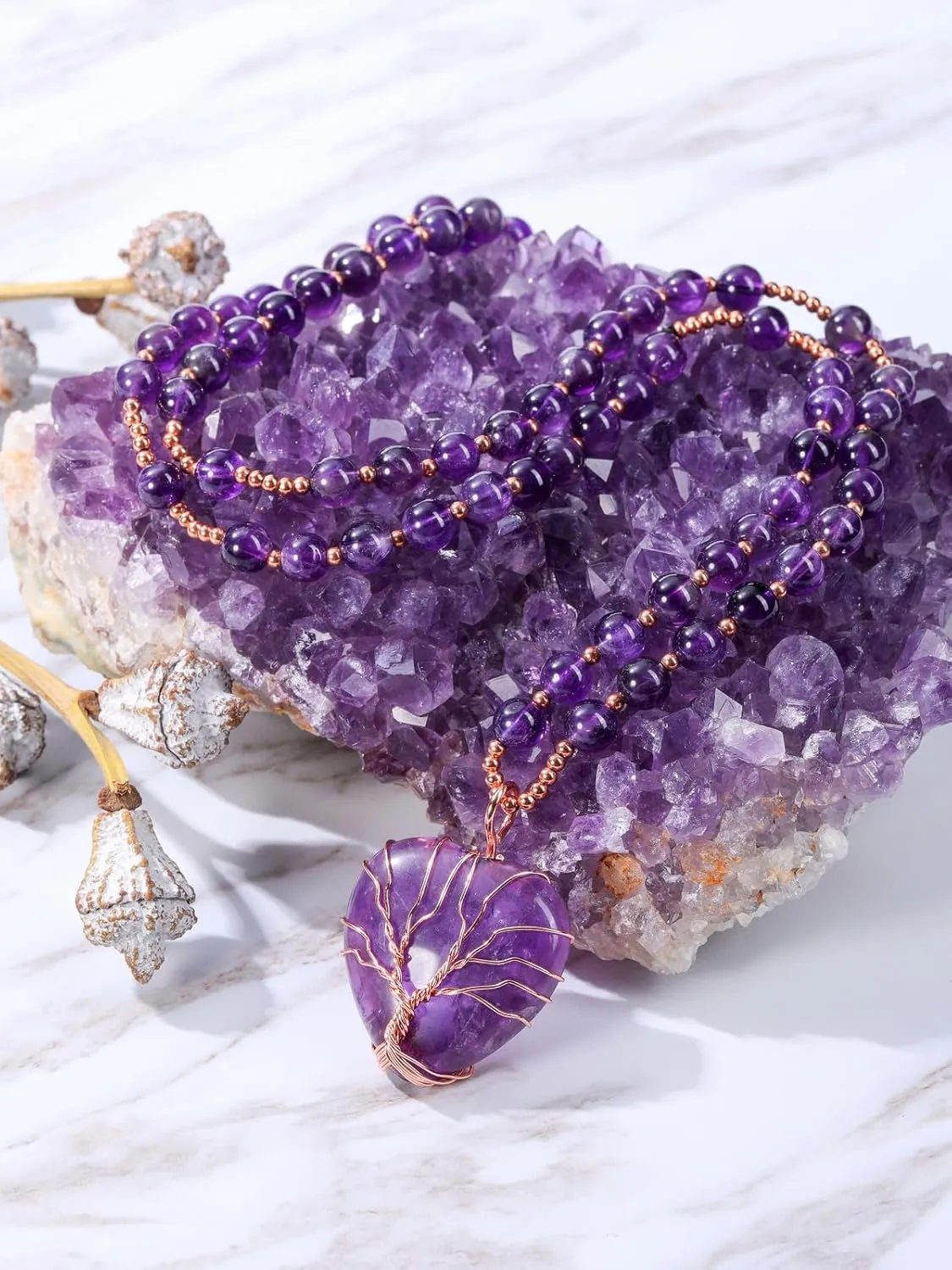 Top Plaza Healing Crystal Amethyst Necklace Natural Stone Beads Life Tree Wire Wrapped Teardrop Gemstone Pendant Jewelry for Women Mom