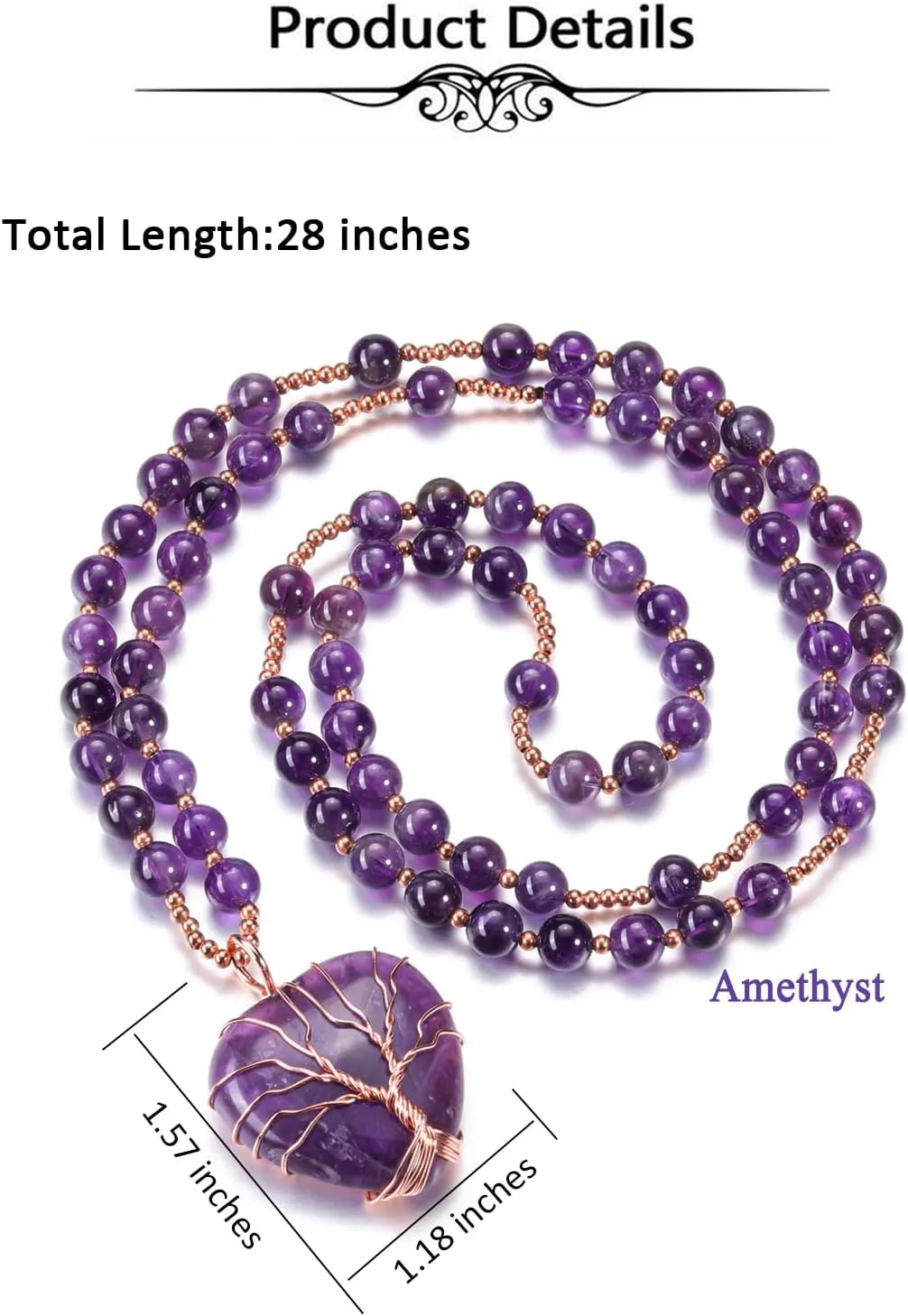 Top Plaza Healing Crystal Amethyst Necklace Natural Stone Beads Life Tree Wire Wrapped Teardrop Gemstone Pendant Jewelry for Women Mom