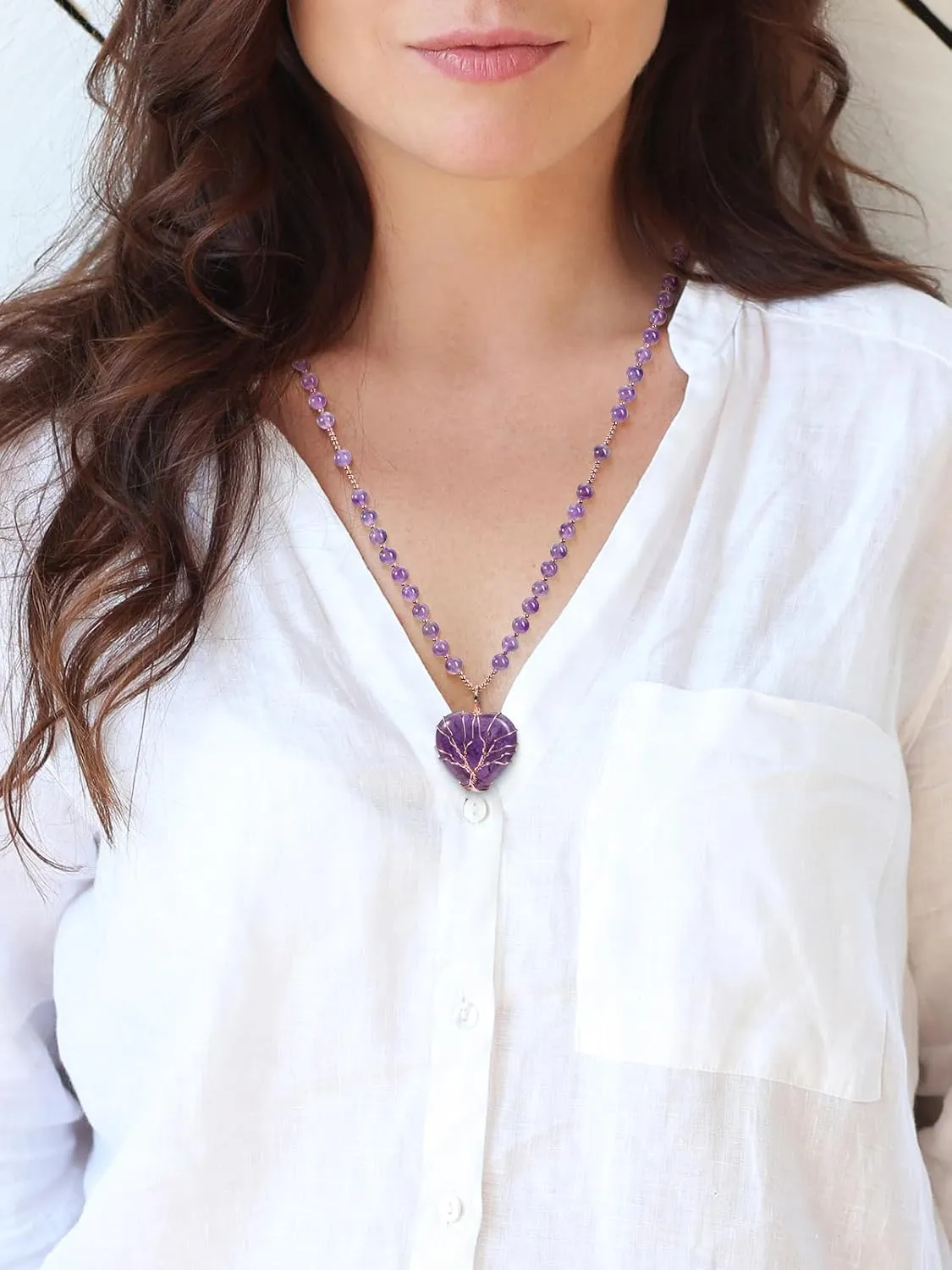 Top Plaza Healing Crystal Amethyst Necklace Natural Stone Beads Life Tree Wire Wrapped Teardrop Gemstone Pendant Jewelry for Women Mom