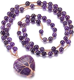Top Plaza Healing Crystal Amethyst Necklace Natural Stone Beads Life Tree Wire Wrapped Teardrop Gemstone Pendant Jewelry for Women Mom