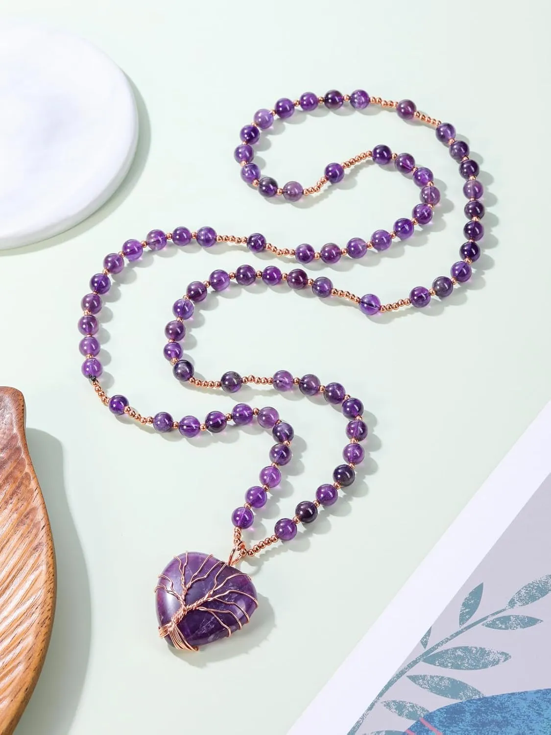 Top Plaza Healing Crystal Amethyst Necklace Natural Stone Beads Life Tree Wire Wrapped Teardrop Gemstone Pendant Jewelry for Women Mom