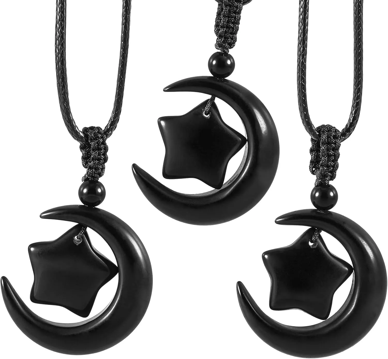 TUMBEELLUWA Star Moon Crystal Pendant Necklace with Adjustable Rope for Women Carved Natural Stone Necklace for Unisex