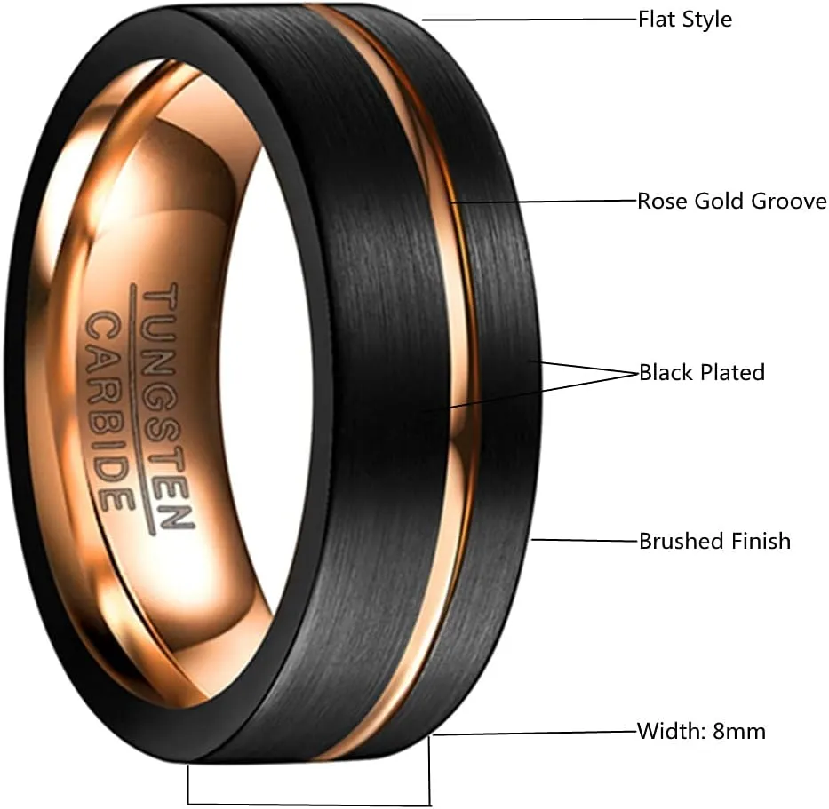 Tungsten Rings for Men 8mm Rose Gold/Blue Grooved Rose Gold and Black/Browm/Blue Two Tone Wedding Band Size 5-14