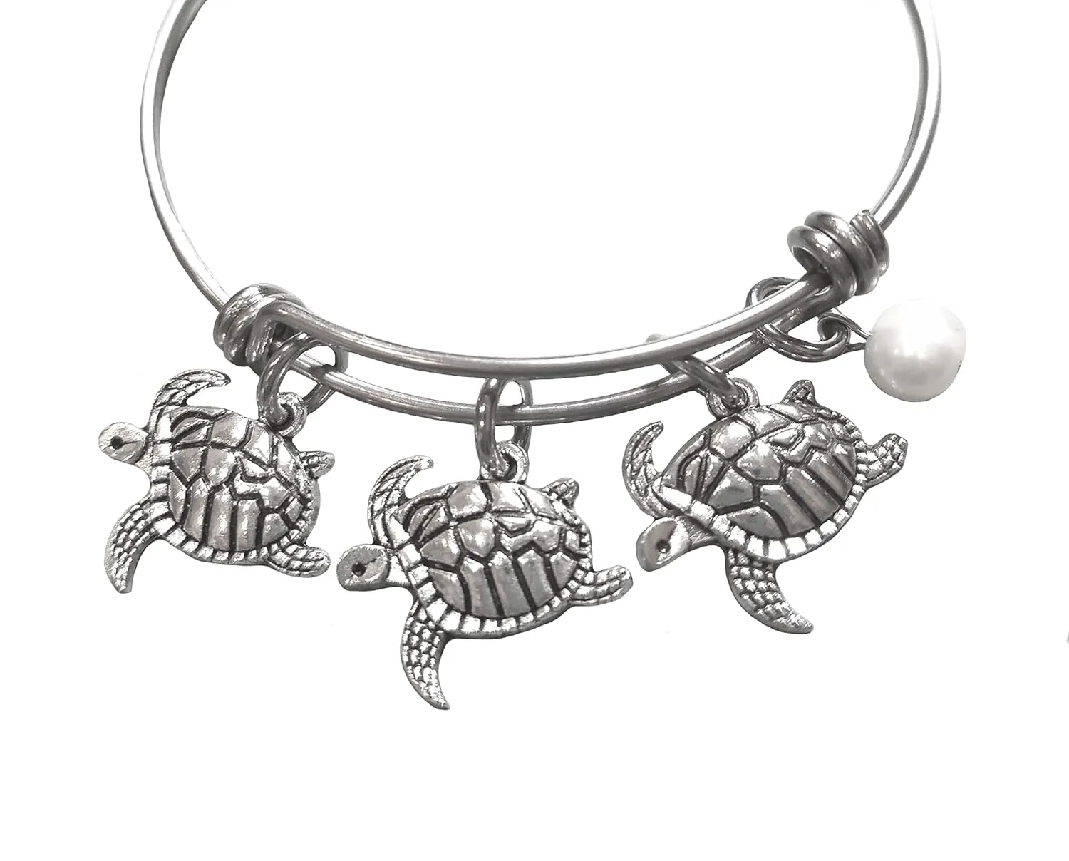 Turtle Bracelet Pearl Accent Handmade on a Stainless Steel Expandable Bangle