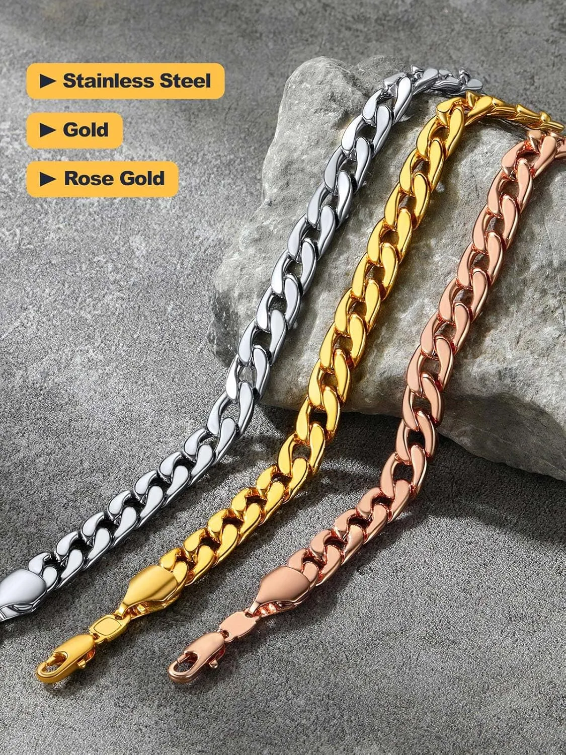 U7 Link Bracelets for Men, Stainless Steel/Black/Gold Plated Cuban Link Chain Bracelets, Unisex Chunky Bracelets, Xmas Fathers Day Jewelry for Him