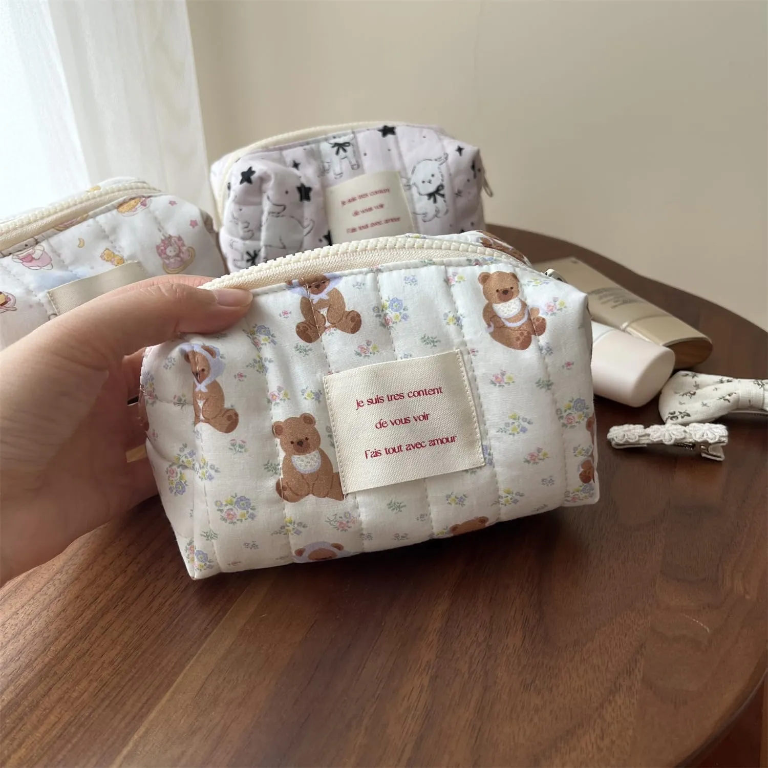 uekeboag Cute Small Quilted Cotton Makeup Pouch for Women and girls,Coquette Quilted Toiletry Bag,Animal Coquette Mini Bag, Kawaii Travel Cosmetic Bags(08Floral Bear)