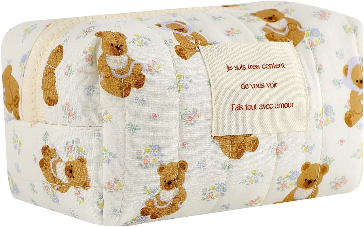 uekeboag Cute Small Quilted Cotton Makeup Pouch for Women and girls,Coquette Quilted Toiletry Bag,Animal Coquette Mini Bag, Kawaii Travel Cosmetic Bags(08Floral Bear)