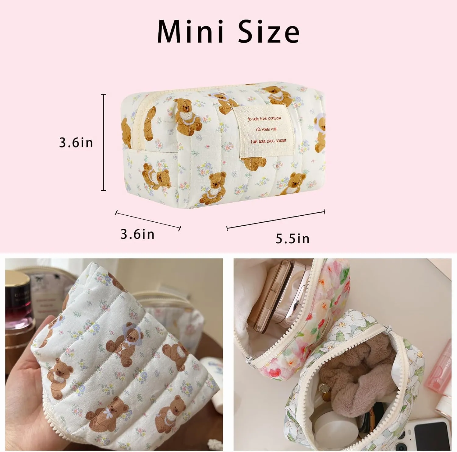 uekeboag Cute Small Quilted Cotton Makeup Pouch for Women and girls,Coquette Quilted Toiletry Bag,Animal Coquette Mini Bag, Kawaii Travel Cosmetic Bags(08Floral Bear)