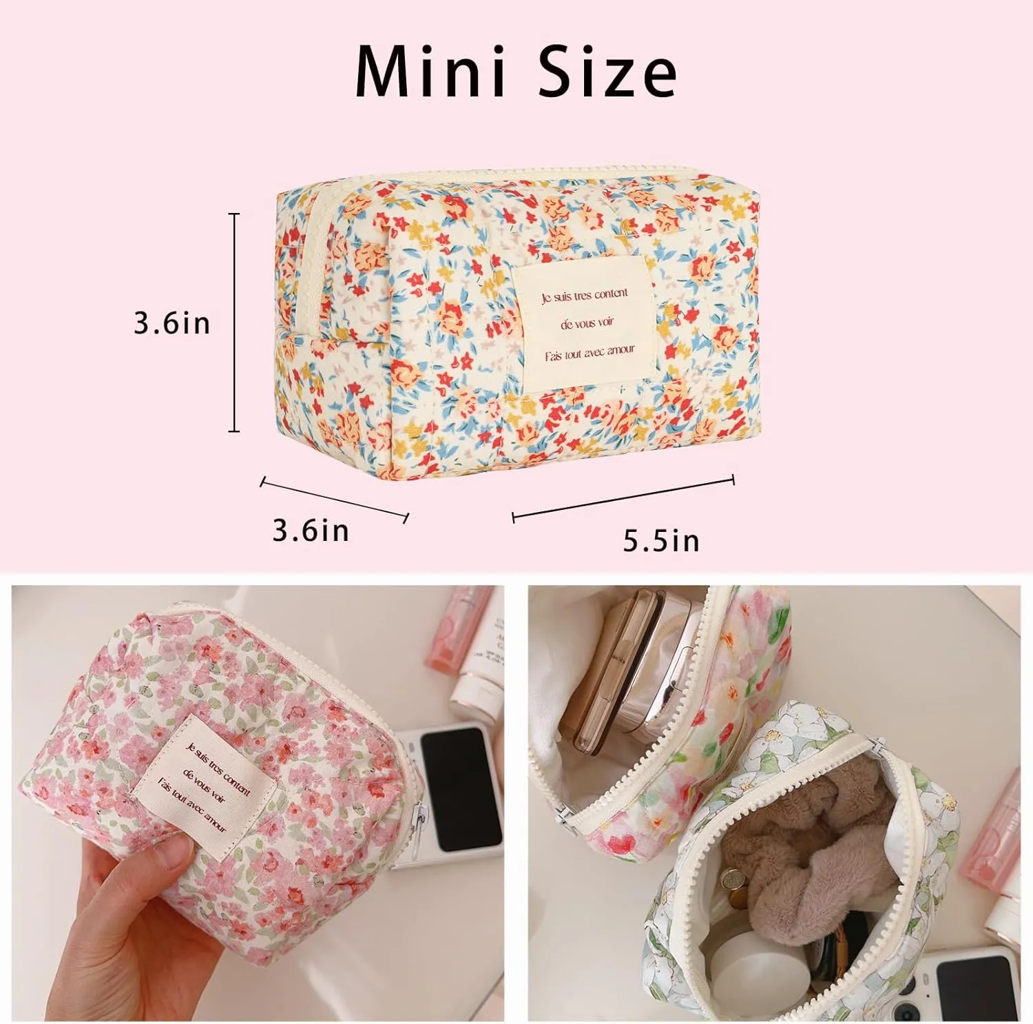 uekeboag Small Floral Quilted Cotton Makeup Pouch for Women and girls,Coquette Quilted Toiletry Bag,Cute Aesthetic Mini Bag, Kawaii Travel Cosmetic Bags(03Orange Flower)