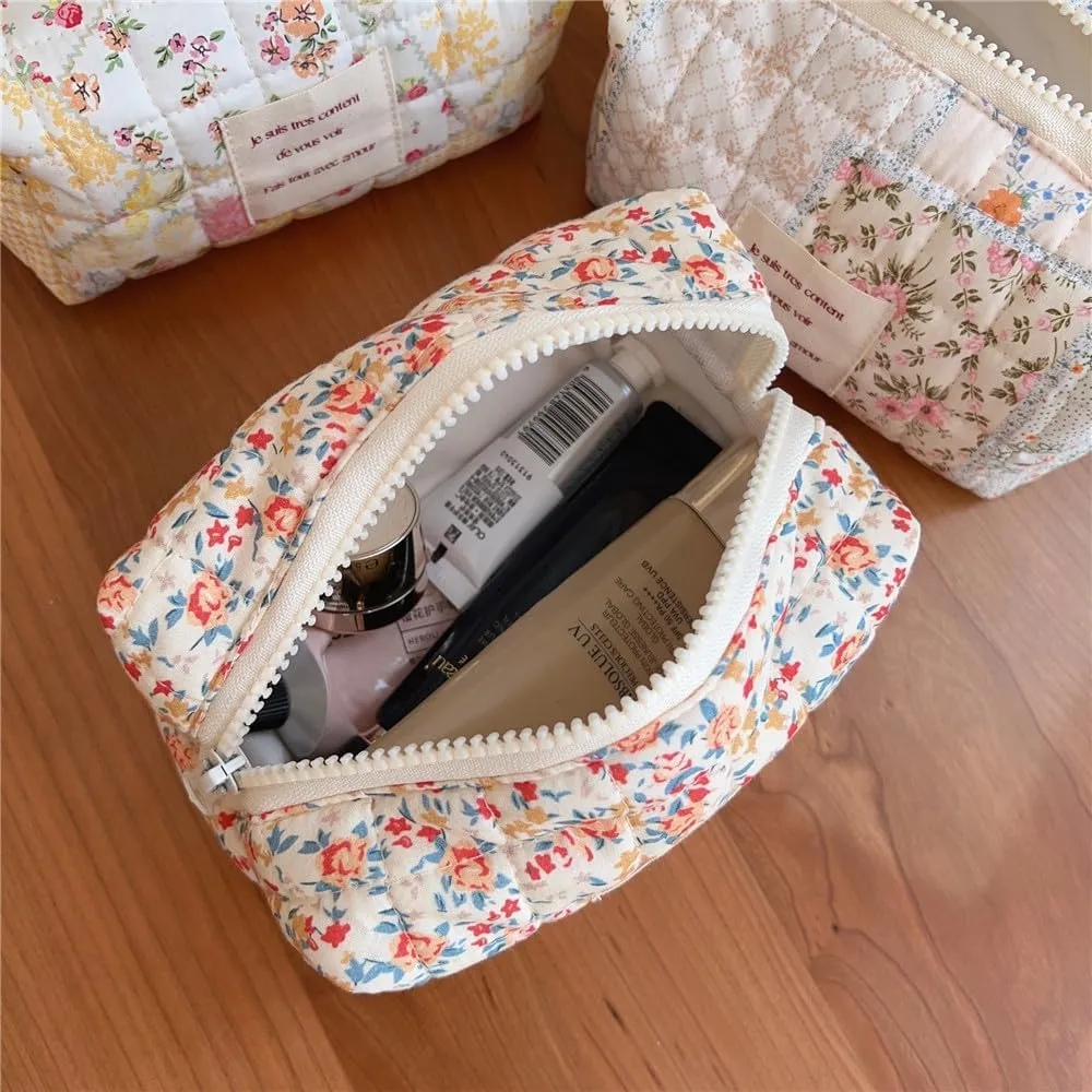 uekeboag Small Floral Quilted Cotton Makeup Pouch for Women and girls,Coquette Quilted Toiletry Bag,Cute Aesthetic Mini Bag, Kawaii Travel Cosmetic Bags(03Orange Flower)