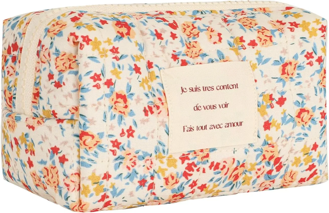 uekeboag Small Floral Quilted Cotton Makeup Pouch for Women and girls,Coquette Quilted Toiletry Bag,Cute Aesthetic Mini Bag, Kawaii Travel Cosmetic Bags(03Orange Flower)