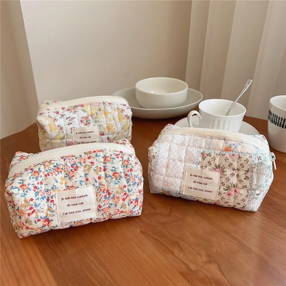uekeboag Small Floral Quilted Cotton Makeup Pouch for Women and girls,Coquette Quilted Toiletry Bag,Cute Aesthetic Mini Bag, Kawaii Travel Cosmetic Bags(03Orange Flower)