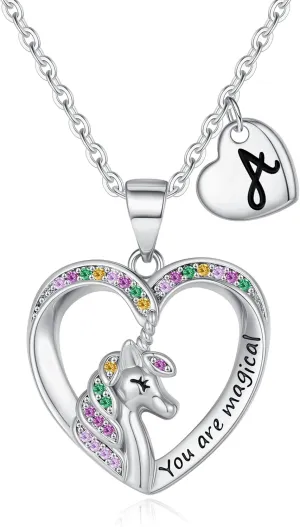 Unicorn Necklaces for Girls - 14K Gold/White Gold/Rose Gold Plated CZ Heart Pendant Jewelry, Toddler and Teen Initial Necklaces, Colorful Unicorn Gifts