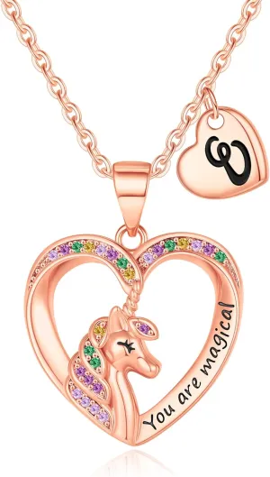 Unicorn Necklaces for Girls - 14K Gold/White Gold/Rose Gold Plated CZ Heart Pendant Jewelry, Toddler and Teen Initial Necklaces, Colorful Unicorn Gifts