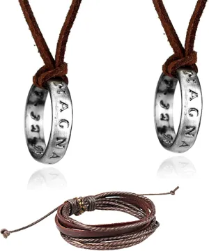 UoYu 3 pcs Uncharted Drake Ring Necklace Unisex Multilayer Leather Adjustable Bracelet Cuff Wrap Multicolor Rope Wristband
