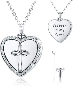 Urn Necklace, 925 Sterling Silver Cross with Infinity in Heart, Cremation Jewelry for Ashes, Forever in My Heart Human Pet Ashes Keepsake for Women, Silver, silver