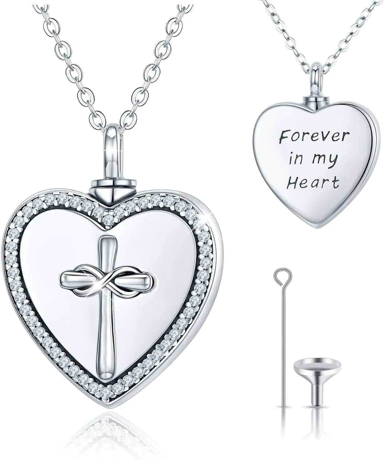 Urn Necklace, 925 Sterling Silver Cross with Infinity in Heart, Cremation Jewelry for Ashes, Forever in My Heart Human Pet Ashes Keepsake for Women, Silver, silver