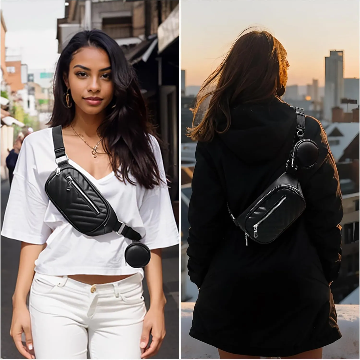 Uromee Crossbody Bags for Women Small Fanny pack Quilted Vegan Leather Fashion Travel Mini Belt Bag Chest Purse with Pouch