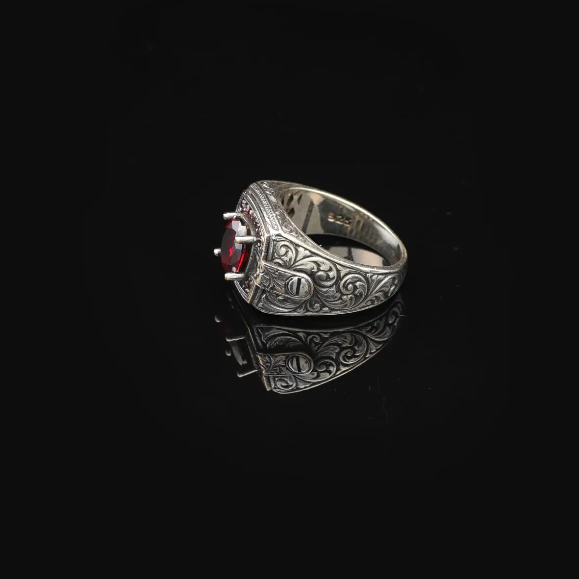 Vintage Garnet Ring for Men - Handmade Turkish 925 Sterling Silver Engagement Ring with Polished Gemstone and Silver Polishing Cloth Gift (11)