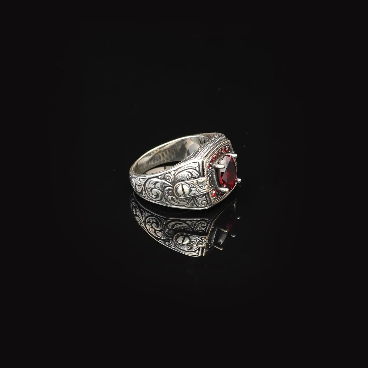 Vintage Garnet Ring for Men - Handmade Turkish 925 Sterling Silver Engagement Ring with Polished Gemstone and Silver Polishing Cloth Gift (11)