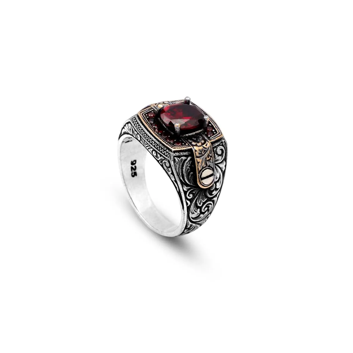 Vintage Garnet Ring for Men - Handmade Turkish 925 Sterling Silver Engagement Ring with Polished Gemstone and Silver Polishing Cloth Gift (11)