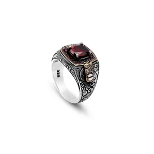 Vintage Garnet Ring for Men - Handmade Turkish 925 Sterling Silver Engagement Ring with Polished Gemstone and Silver Polishing Cloth Gift (11)