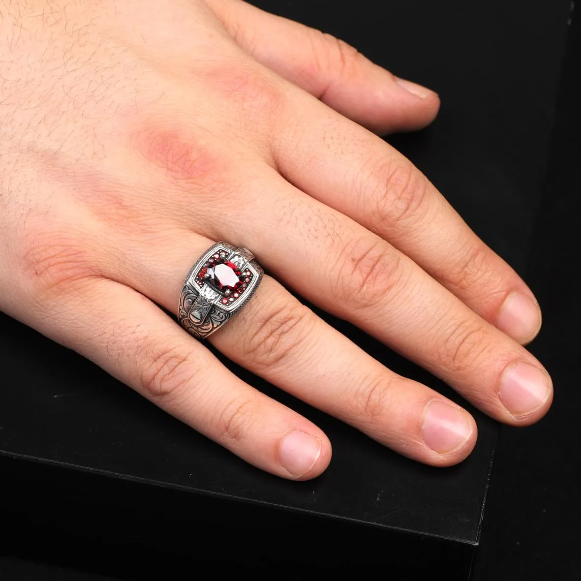 Vintage Garnet Ring for Men - Handmade Turkish 925 Sterling Silver Engagement Ring with Polished Gemstone and Silver Polishing Cloth Gift (11)
