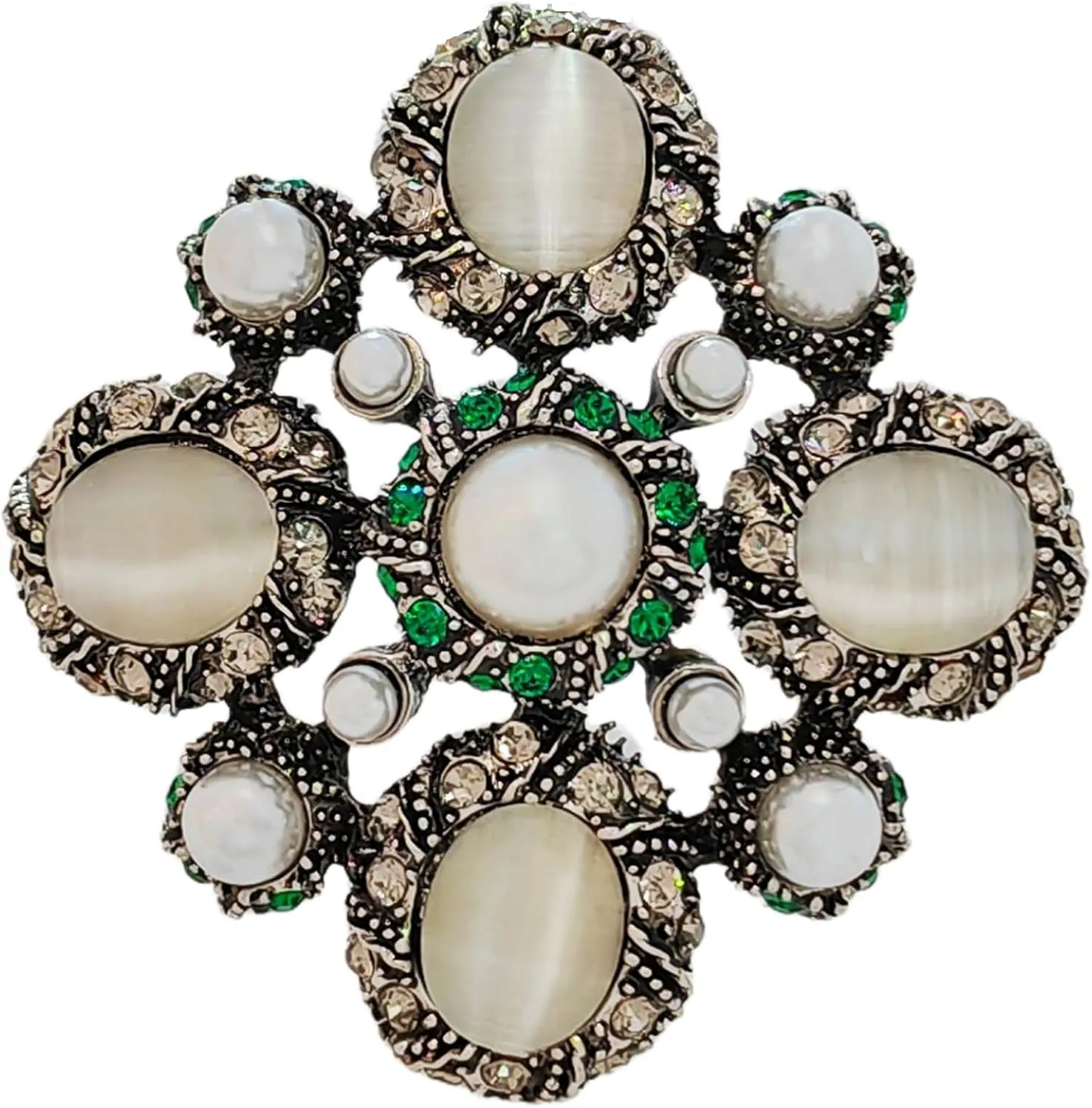 Vintage Green Crystal Accent Imitated White Opal MALTESE Cross Brooch Pin