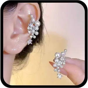 Vintage Pearl Ear Cuff Earrings Silver Pearl Cz Earrings Crystal Star Cuff Wrap Earrings Pearl Cartilage Cuff Earrings Cz Star Earrings Pearl Crawler Cuff Earrings Jewelry for Women